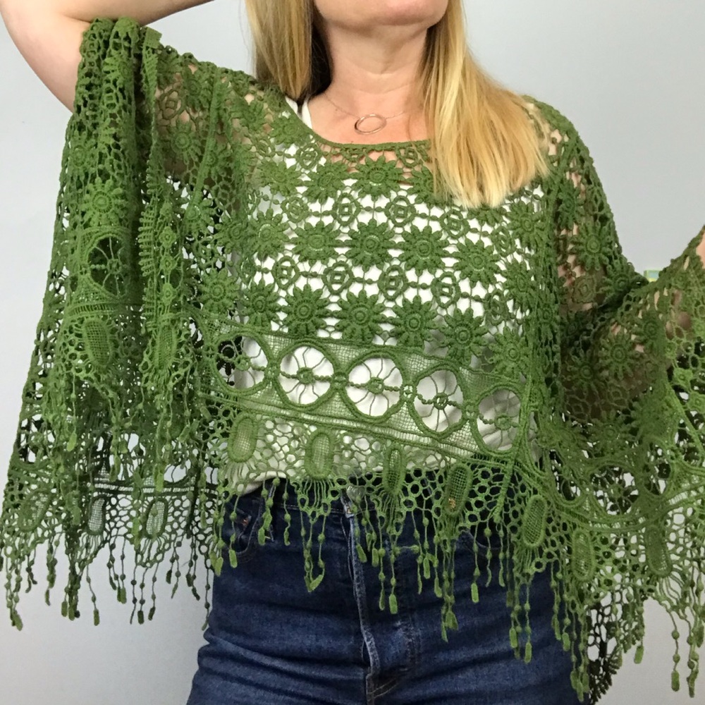 Green Crochet Shawl Poncho Hippie Cottagecore Boho